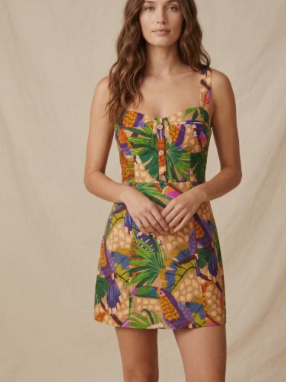 FARM RIO -  Sand Painted Toucans Linen Mini Dress Sweetheart Floral Bird Print